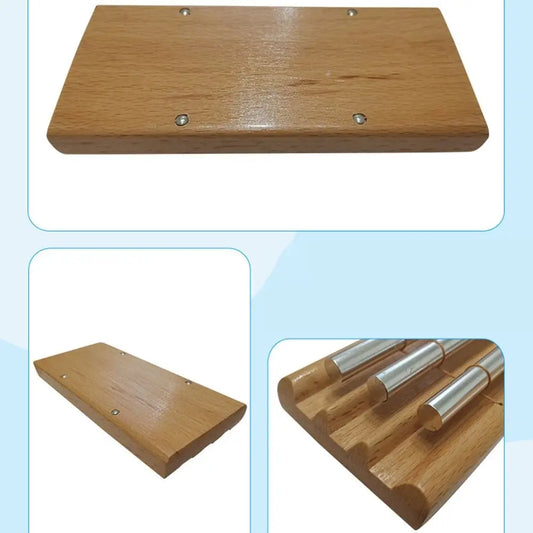 Natural wooden base of a meditation chime, smooth finished wood with metal bar mounts for sound healing instrument.