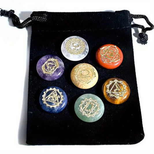 7 Pack Runic Chakra Crystal Medallion Set - Reiki Healing Stones