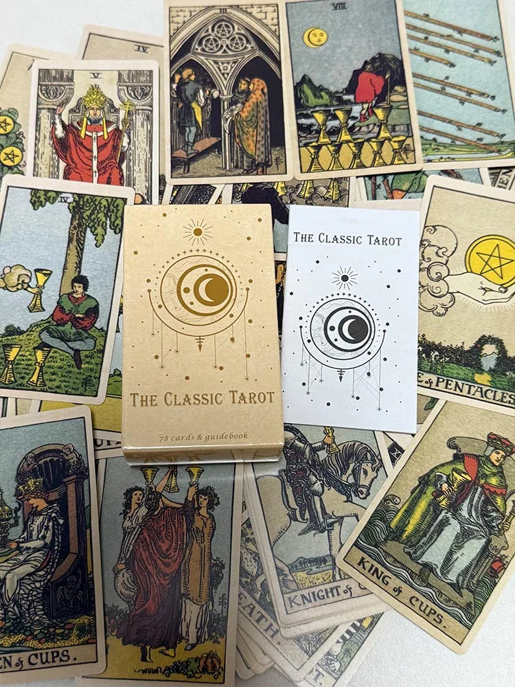 Classic tarot deck box displayed among traditional illustrated tarot cards from a 78-card tarot deck