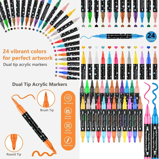 Set of dual-tip acrylic markers with 24 vibrant colors on a white background.