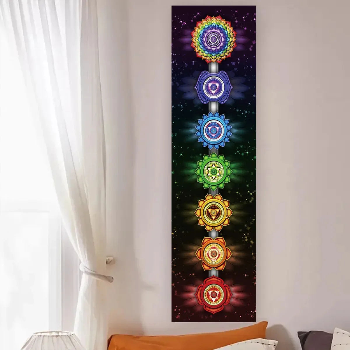 Seven Chakra Vertical Wall Tapestry – Yoga & Meditation Energy Banner for Sacred Spaces