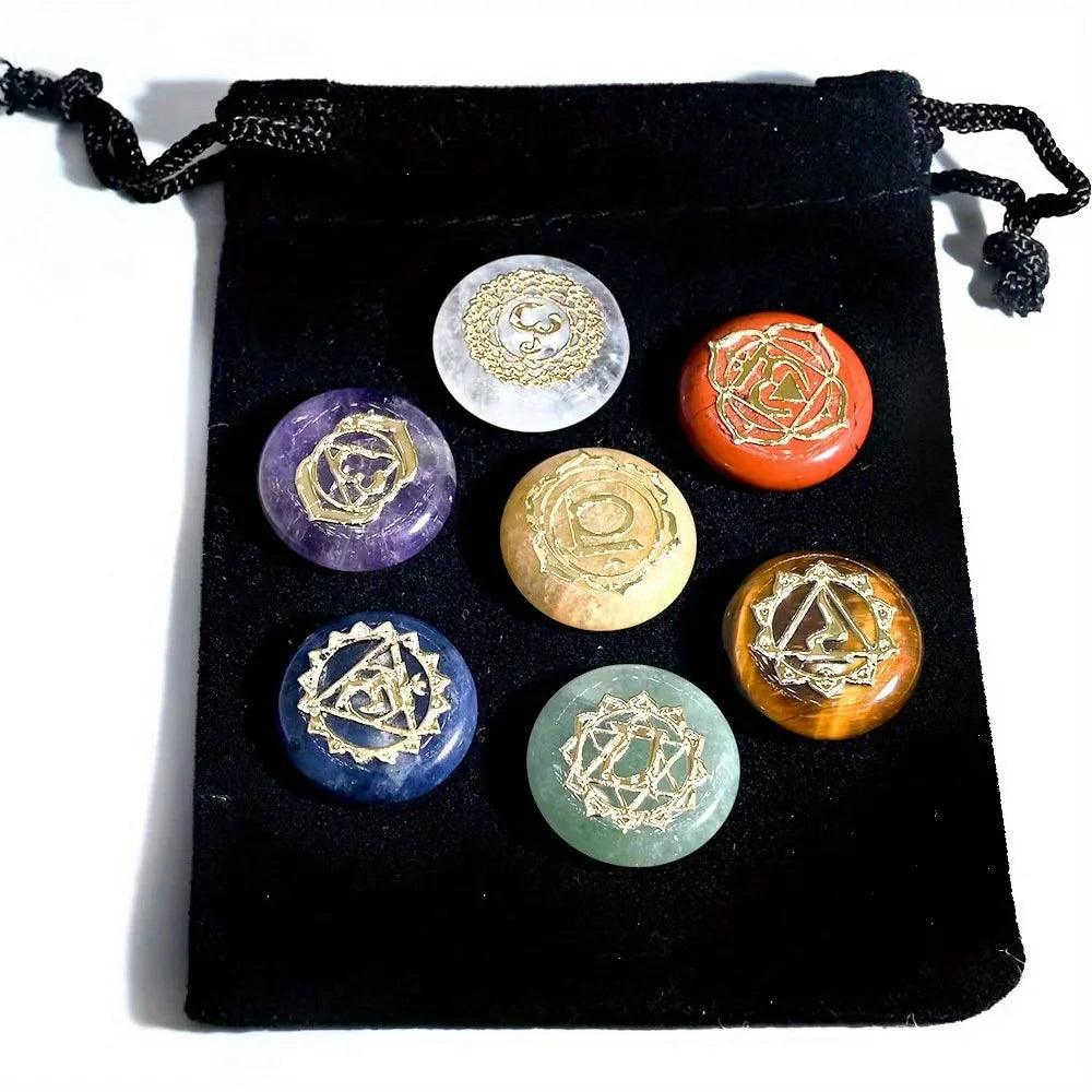 7 Pack Runic Chakra Crystal Medallion Set - Reiki Healing Stones